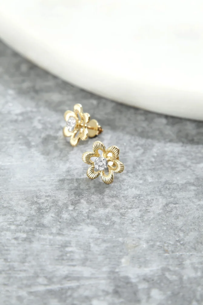 Small Diamond Flower Shape Gold Earring - Image 2